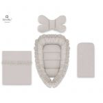 Set 4 in 1 Cosulet bebelus, MimiNu, Baby Cocoon 75x55 cm, Cu volanase, Husa bumbac, Din bumbac certificat Oeko Tex Standard 100, Cu paturica cu volanase 50x70 cm, Cu salteluta, Cu perna fluture, Colectia Royal, Beige