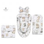 Set 4 in 1 Cosulet bebelus, MimiNu, Baby Cocoon 75x55 cm, Husa bumbac, Din bumbac certificat Oeko Tex Standard 100, Cu paturica 50x70 cm, Cu salteluta, Cu perna fluture, Safari Natural
