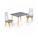 Set de masa cu alfabet si doua scaune in forma de iepuras pentru copii Ecotoys WH141 - Gri si natur