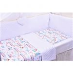 Set complet lenjerie 7 piese model trenulete si plus minky alb bleu patut 120x60 cm