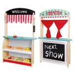 Jucarie de rol, Joueco, Teatru si magazin, 2 in 1, Din lemn certificat FSC, Cu 24 de legume si fructe si 6 travi, 110 x 68.5 x 23 cm, 3 ani+, Multicolor