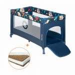 Lionelo - Patut pliant cu un nivel Stefi, 120x60 cm, Cu intrare laterala cu fermoar, EN716, Blue Navy + Babyneeds - Saltea cocos 120x60x8 cm