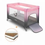 Lionelo - Patut pliant cu un nivel Stefi, 120x60 cm, Cu intrare laterala cu fermoar, EN716, Roz Ombre + Babyneeds - Saltea cocos 120x60x8 cm