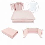 Set lenjerie, MimiNu, Cu 5 piese, Cu pilota si perna, Cu volanase + Aparatoare pentru patut + cearceaf patut 120x60 cm, Din bumbac certificat Oeko Tex Standard 100, Colectia Royal, Powder Pink