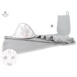 Set prosop mare cu gluga, MimiNu, Dimensiune 100x100 cm + Manusa de baie bebelusi, 12x21 cm, Materiale certificate Oeko Tex Standard 100, Lulu Rose