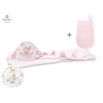 Set prosop mare cu gluga, MimiNu, Dimensiune 100x100 cm + Manusa de baie bebelusi, 12x21 cm, Materiale certificate Oeko Tex Standard 100, Sweet Deer Pink
