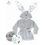 Halat de baie, MimiNu, Cu urechi, 2 - 5 ani, Moale, Cu buzunare, Cu cordon, Din bumbac si thermo fleece, Materiale certificate Oeko Tex Standard 100, Dino Granat