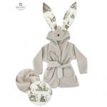 Halat de baie, MimiNu, Cu urechi, 5 - 7 ani, Moale, Cu buzunare, Cu cordon, Din bumbac si thermo fleece, Materiale certificate Oeko Tex Standard 100, Design, Calm Forest Natural