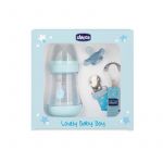 Set cadou Chicco Lovely Baby Boy (biberon, suzeta, lantisor), bleu (albastru), 0luni+