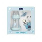 Set cadou, Chicco, Perfect, Cu biberon, suzeta, lantisor suzeta, 0 luni+, Albastru
