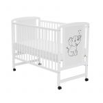 Patut din lemn bebe, 120x60 cm, Din lemn de pin si mdf, Stabil si rezistent, Inaltime saltea reglabila pe 3 nivele, Laterala cu 3 bete detasabile, EN716-1, EN716-2, Alb, Qmini, Timmi Elephant