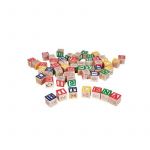 Cuburi din lemn MalPlay cu litere cifre si diferite simboluri cu saculet pentru depozitare Multicolor 50 bucati