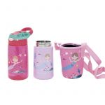 Set 3 in 1 recipient din tritan cu pai 500 ml, termos otel inoxidabil 350 ml, cu capac,maner, husa neopren si bretea transport Olmitos Mermaid