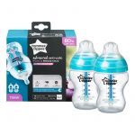 Set biberoane, Closer to nature, Advanced, Anticolici, Cu sistem de ventilatie, Cu senzor de caldura, Cu tetina din silicon moale, Fara BPA, 2x260 ml, Tommee Tippee, 0 luni+, Albastru
