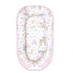Cosulet bebelus, MimiNu, Pentru dormit, Cu doua fete, Baby Nest 105x66 cm, Husa 100% bumbac si catifea moale, Materiale certificate Oeko Tex Standard 100, Cu salteluta, Detasabila, Velvet Sweet Deer Pink