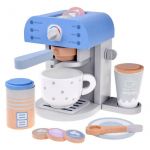 Jucarie pentru bucatarie, Aparat de cafea din lemn, 6 moduri de preparare, cu accesorii, Jokomisiada, 18,5 x 18,5 x 14,5 cm, Alb / Albastru
