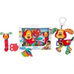 Set 4 jucarii dentitie si pentru carucior, Playgro, Stimuleaza dezvoltarea tactila si vizuala, Calmeaza gingiile dureroase, 0 luni+, Puppy Teether Pack