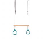 Leagan, Dice, In forma de trapez, Cu inele de plastic si suprafata din lemn, Cu franghie, Ajustabil pe inaltime pana la 250 cm, 9-36 luni, Turquoise