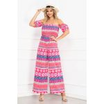 Salopeta de vara lejera fucsia cu imprimeu geometric multicolor