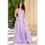 Rochie de lux Beatrice lila tip printesa din tafta cu flori 3D