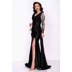 Rochie de lux Harmony lunga neagra cu strassuri si trena pe o parte