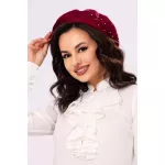 Bereta premium din tricot bordo Gossip Girl cu strassuri si flori brodate