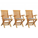 Scaune gradina, perne gri model carouri, 3 buc., lemn masiv tec, multicolor