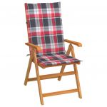 Scaune gradina cu perne, rosu model carouri, lemn masiv tec, multicolor