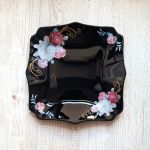 Set 6 farfurii, negre, patrate, opal, adanci, 22cm, decor floral trandafiri