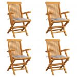 Scaune de gradina cu perne gri carouri, 4 buc., lemn masiv tec, multicolor