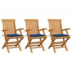 Scaune gradina cu perne albastru regal, 3 buc., lemn masiv tec, albastru