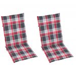 Scaune gradina cu perne, rosu model carouri, lemn masiv tec, multicolor