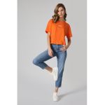Blugi crop cu talie inalta si aspect decolorat