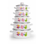 Set de gatit 10 piese, Fabiana, Vanora Home, 1l, 1.5l, 2l, 3l, 4l, otel carbon emailat si sticla, multicolor