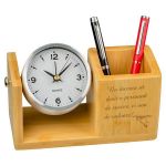 Ceas de birou din aluminiu si suport pentru pixuri din Bambus, Piksel, cu mesaj personalizat