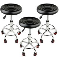 Set 3 bucati - Scaun hidraulic cu roti, Negru, Taburet rotativ, Pentru salon, Cosmetica, Manichiura, Pedichiura, Frizerie, Coafor, Piele ecologica, Cu suport pentru picioare
