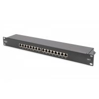 DIGITUS CAT 6, Class E patch panel, shielded, 16-port RJ45, 8P8C, LSA, 1U, rack mount, black, 482x44x109 (DN-91616S-B)
