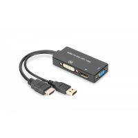 DIGITUS HDMI converter cable, HDMI - DP+DVI+VGA M-F/F/F, 0.2m, 3 in 1 Multi-Media, bl, gold (AK-330403-002-S)