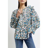 Bluza cu guler tunica - imprimeu floral si volane