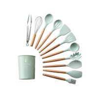 Set de 12 ustensile de bucatarie ENGROS, pentru gatit, din silicon termorezistent, maner din lemn, antiaderente