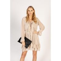 Rochie Mini ElegantÄƒ Cu Decolteu ÃŽn â€œVâ€ Cu Detalii Din DantelÄƒ È˜i Volane Clementine, Bej