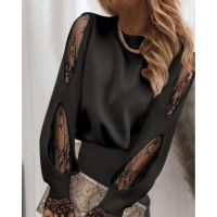 Bluza Eleganta Cu Maneca Lunga Cu Insertii Din Dantela Si Guler Rotund Senternada, Neagra