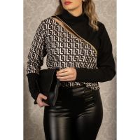 Tricou Elegant Cu Imprimeu Geometric Si Fermoar Mattina, Bej