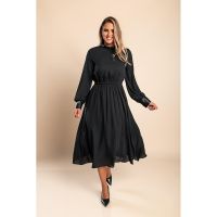 Rochie Midi Eleganta Cu Detaliu Din Imitatie Piele Plana, Neagra