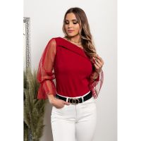 Tricou Elegant Cu Decolteu Barca Si Maneci Trasnparente Cu Buline Josefina, Visiniu