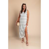 Rochie Maxi Cu Imprimeu Cu Dungi, Alba