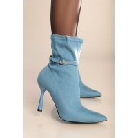 Botine Cu Toc Inalt Din Imitatie Denim, Albastru Deschis