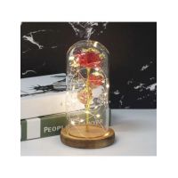 Trandafir de sticla artificial in cupola 15 cm cu suport din lemn cu lumina led
