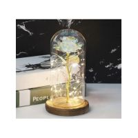 Trandafir de sticla artificial in cupola 15 cm cu suport din lemn cu lumina led