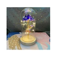 Trandafir de sticla artificial in cupola 15 cm cu suport din lemn cu lumina led